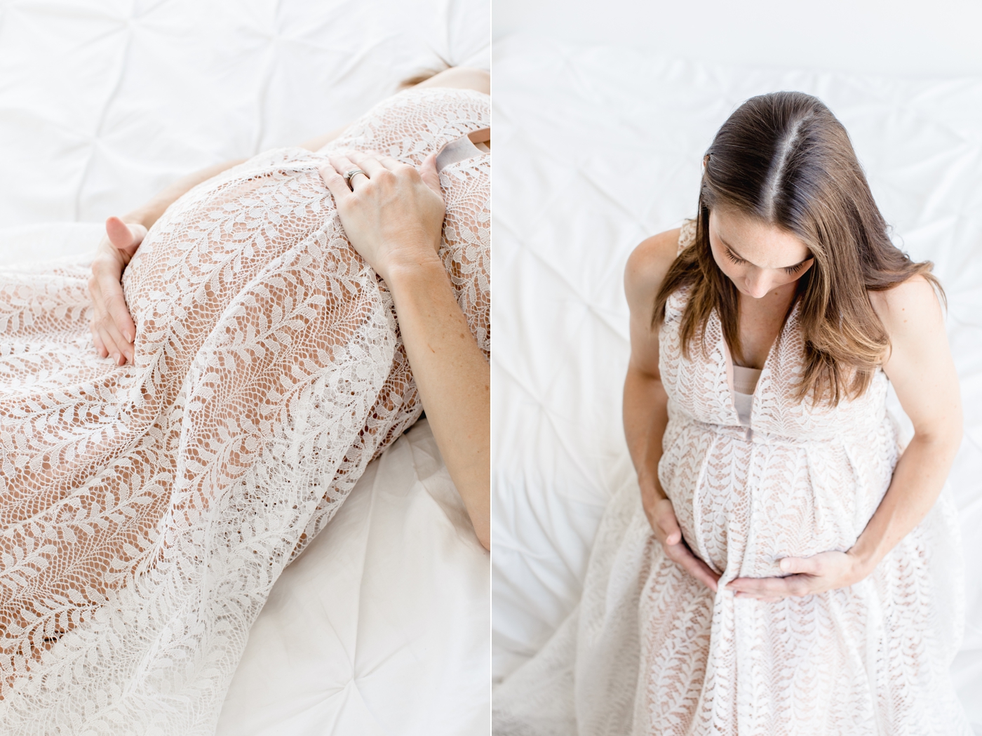 Light and airy maternity session images of Mom hugging bump. Photos by Sana Ahmed Photography.