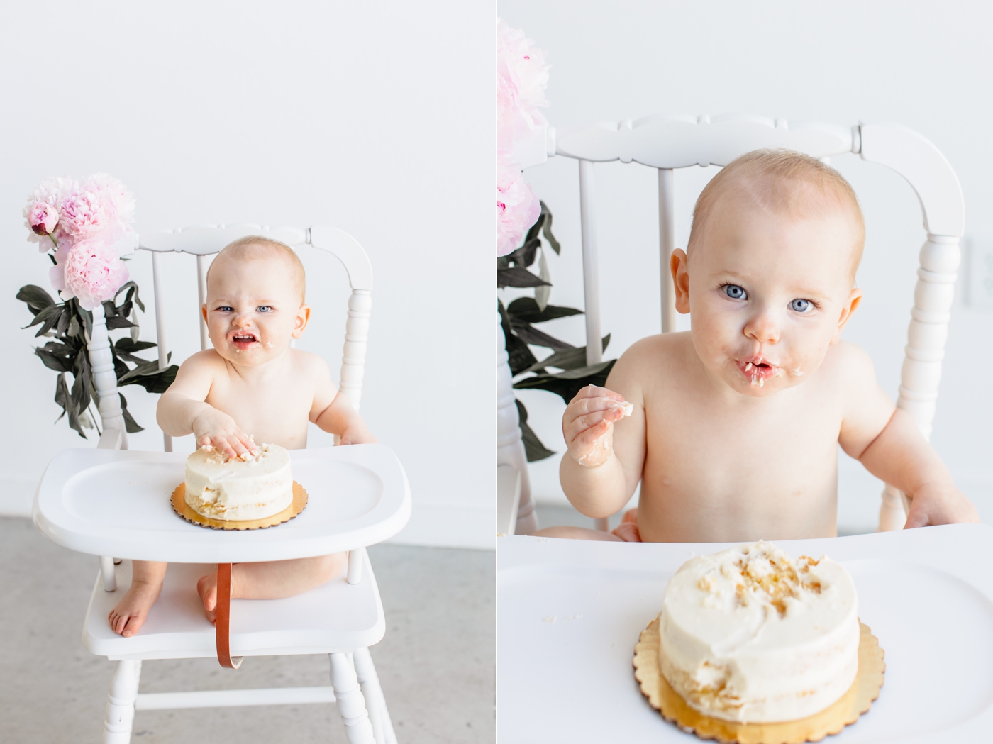 Toddler with lots of expressions during her first birthday cake smash session. Photos by Sana Ahmed Photography.