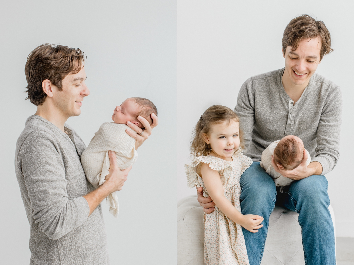 Dad with baby and toddler during in studio newborn session by Austin newborn photographer, Sana Ahmed Photography.