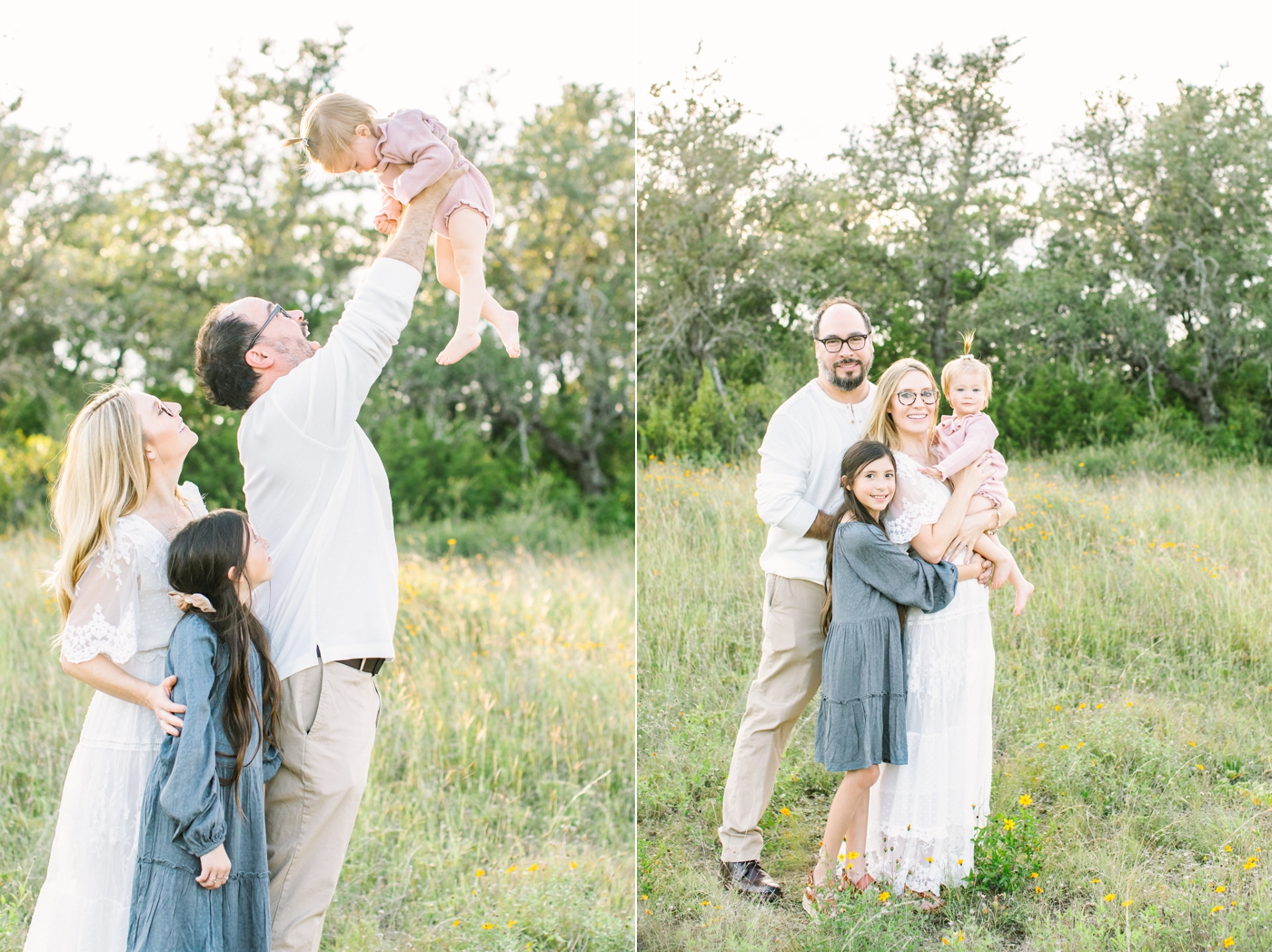 Family portraits in field surrounded by sunlight and tall grass. Photo by Sana Ahmed Photography.