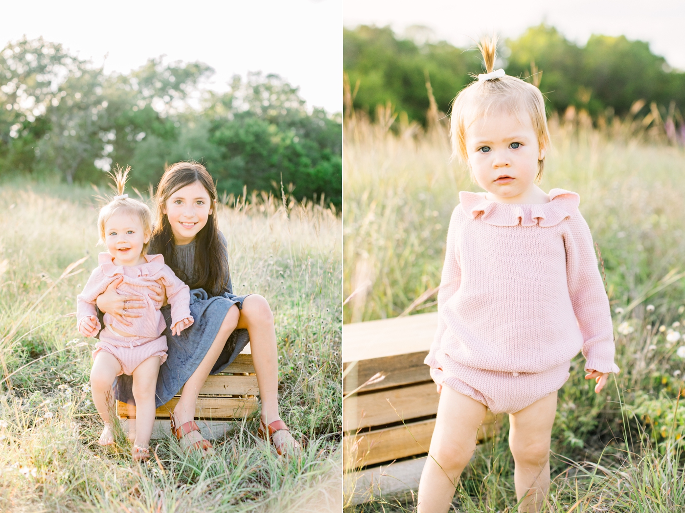 Sibling portraits in field of tall grass. Photo by Austin Texas family photographer, Sana Ahmed Photography.