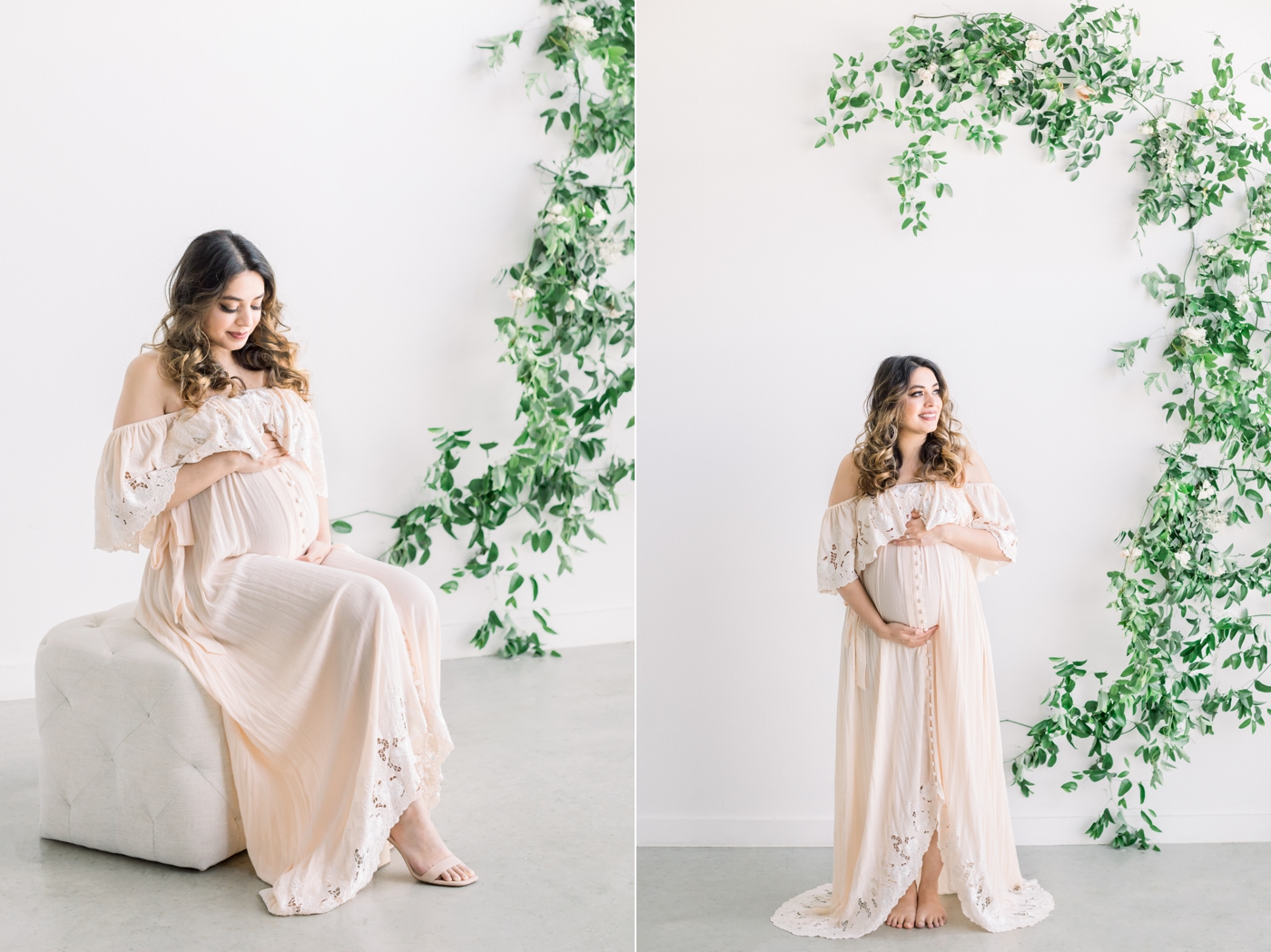 Maternity images with mom in lace maxi dress. Photo by Austin Maternity Photographer, Sana Ahmed Photography.