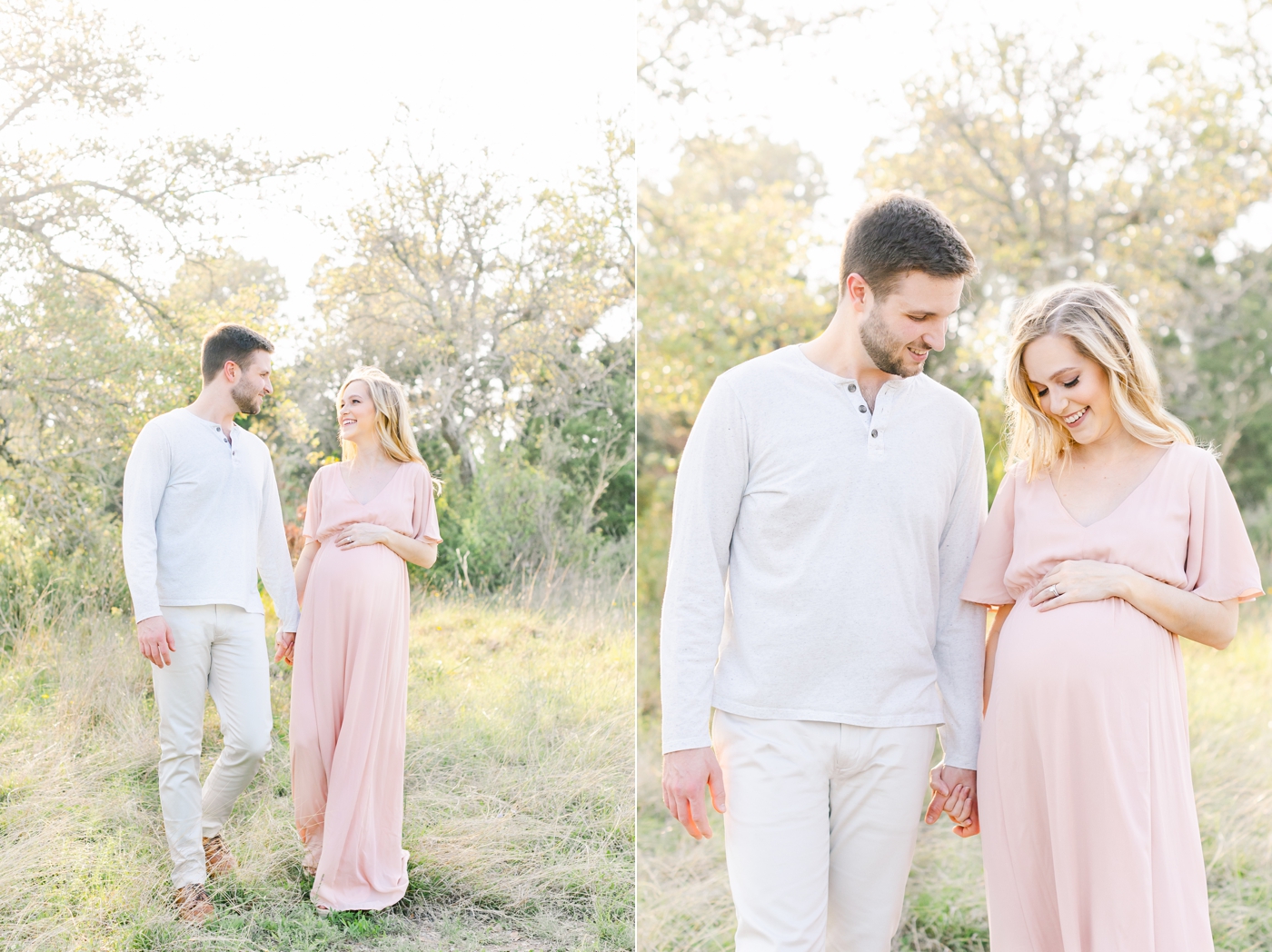 Expecting parents walking together during maternity photoshoot in Austin. Photo by Sana Ahmed Photography.