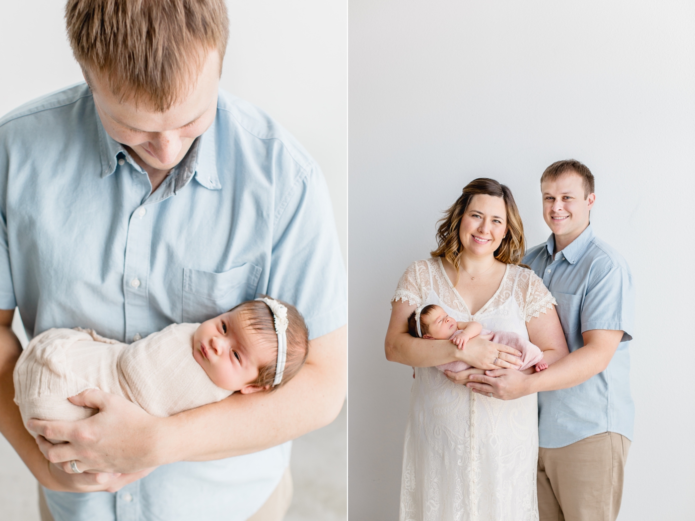 Dad holding baby and parents smiling at camera during studio newborn session. Photos by Austin TX baby photographer, Sana Ahmed Photography.