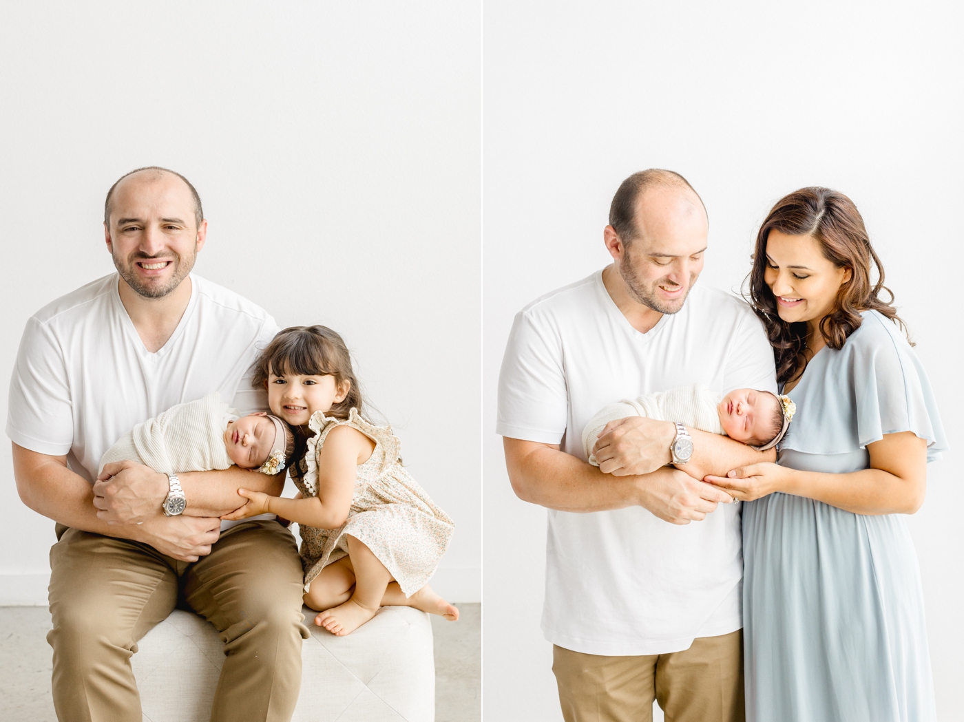 Dad with two daughters smiling at camera. Photos by Sana Ahmed Photography.