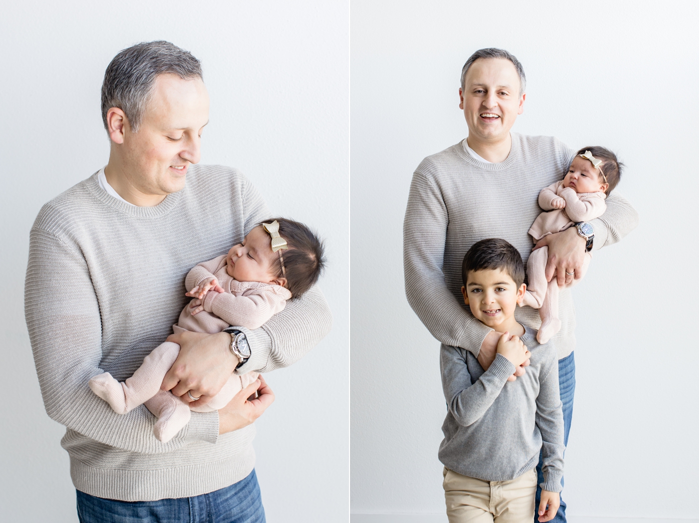 Dad holding baby with big brother in Austin studio by Sana Ahmed Photography.