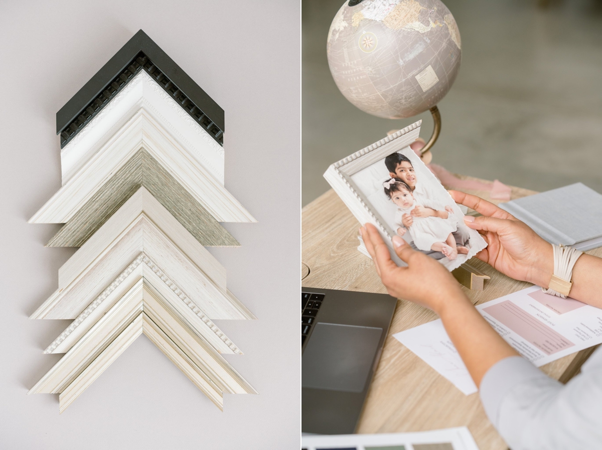 Custom framing options with real wood corner samples in the studio with Sana Ahmed Photography.