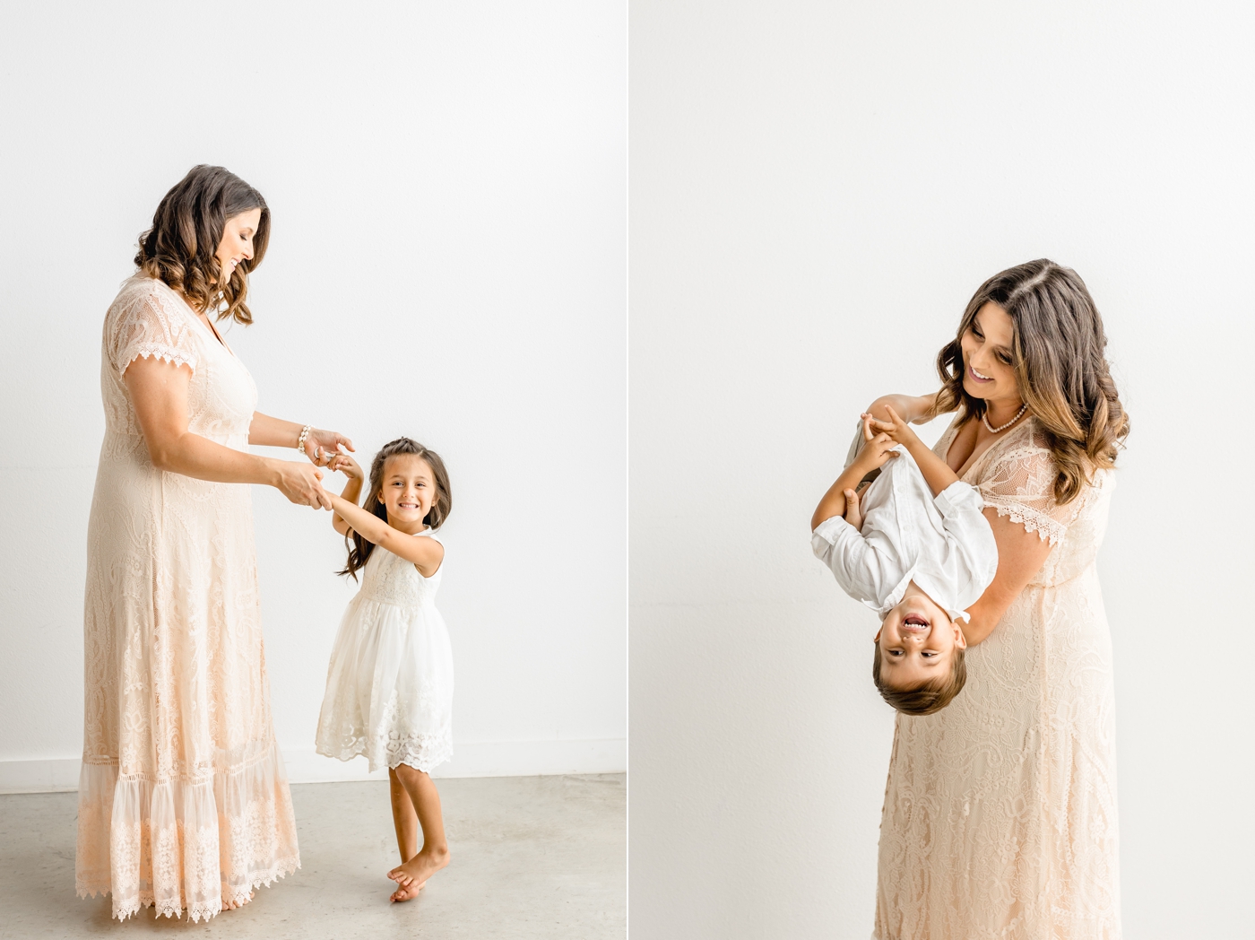 Mom playing with oldest daughter and little boy during session in studio. Photos by Sana Ahmed Photography.