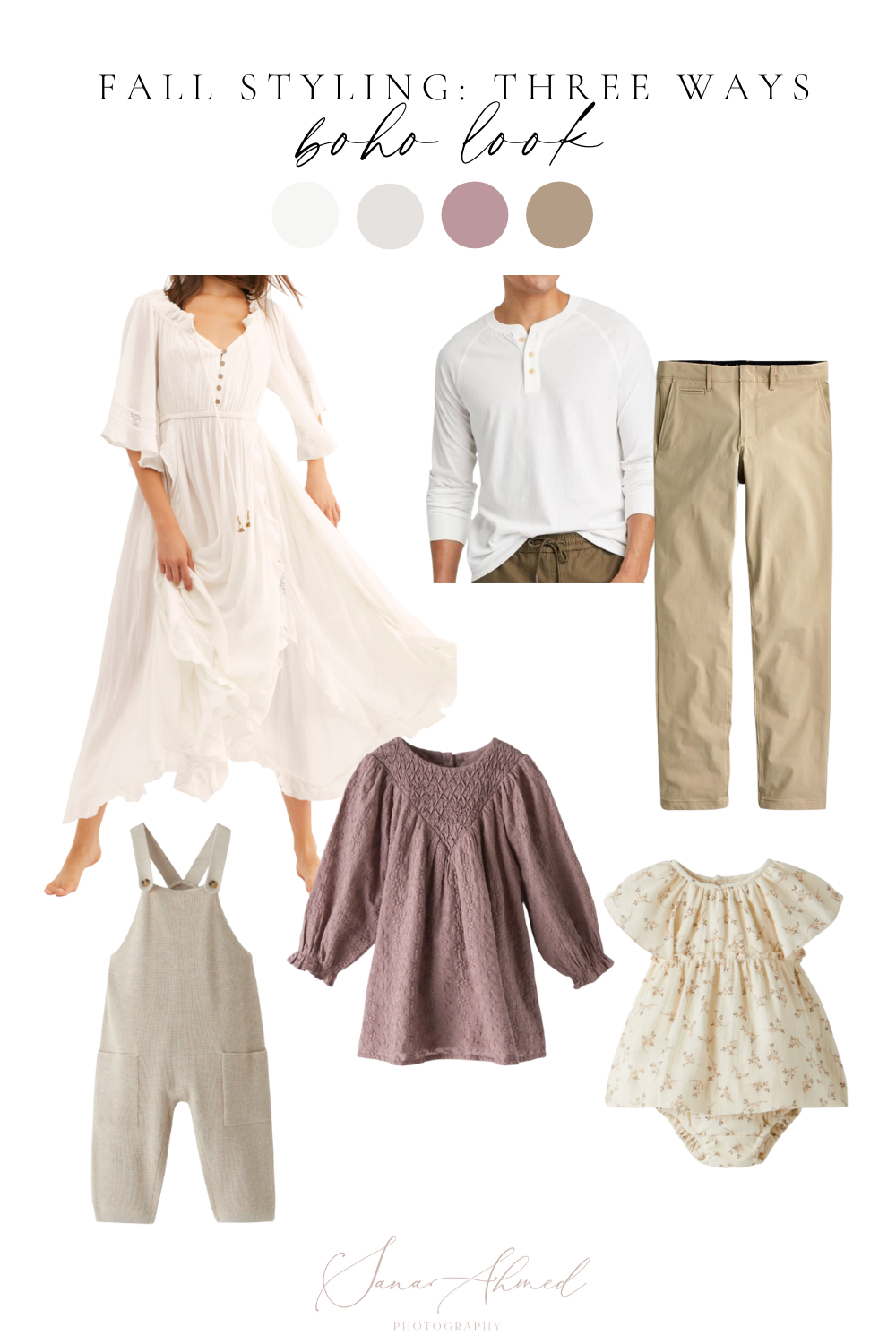 Outfit suggestions for what to wear during your Fall family photo session. Options provided by Sana Ahmed Photography.