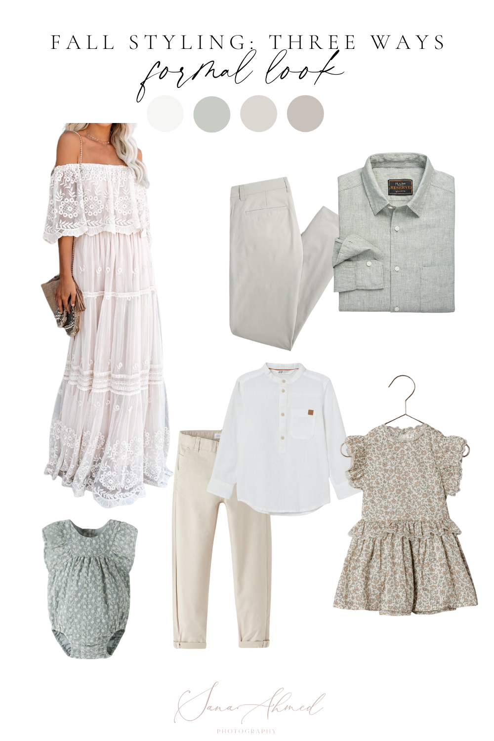 Ideas for outfits to wear during Fall session with sage green and white tones by Sana Ahmed Photography.