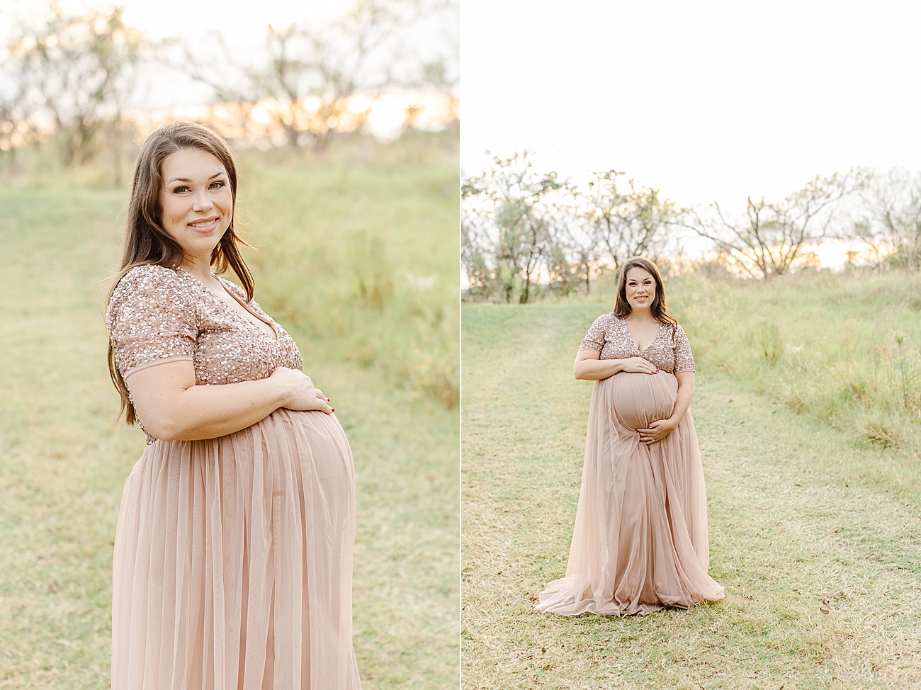 Beautiful Mom in blush sequin maxi dress during maternity session with Sana Ahmed Photography