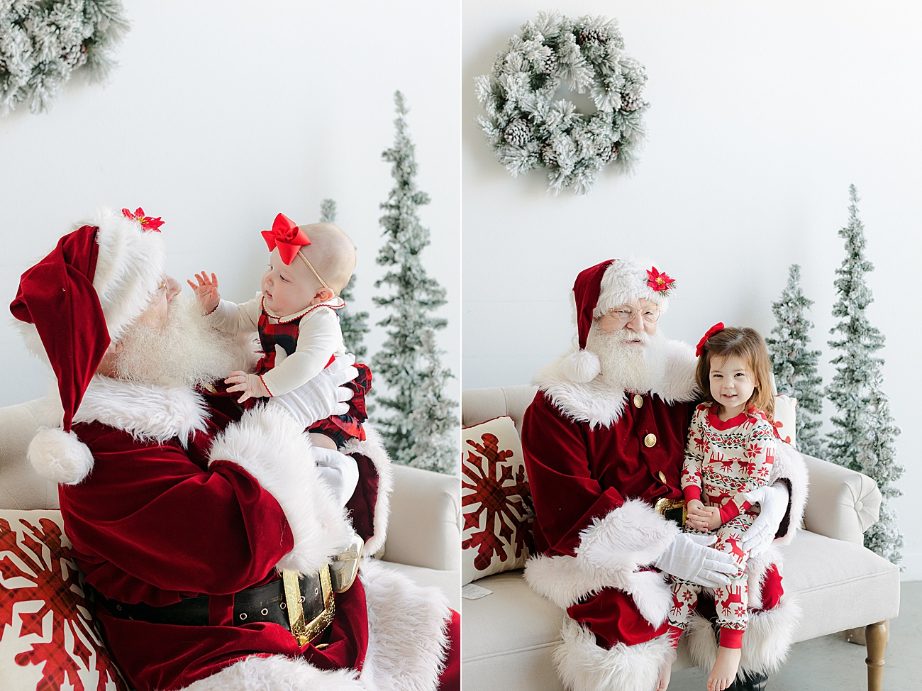 Baby reaching for Santa's beard and little girl smiling on his lap. Photos by Sana Ahmed Photography.