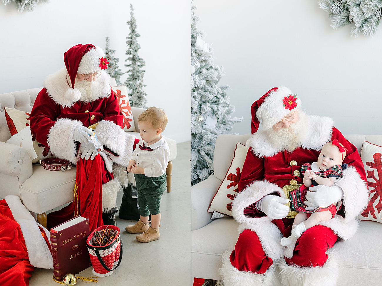Sweet photos of Santa with baby and toddler during mini session event with Sana Ahmed Photography.