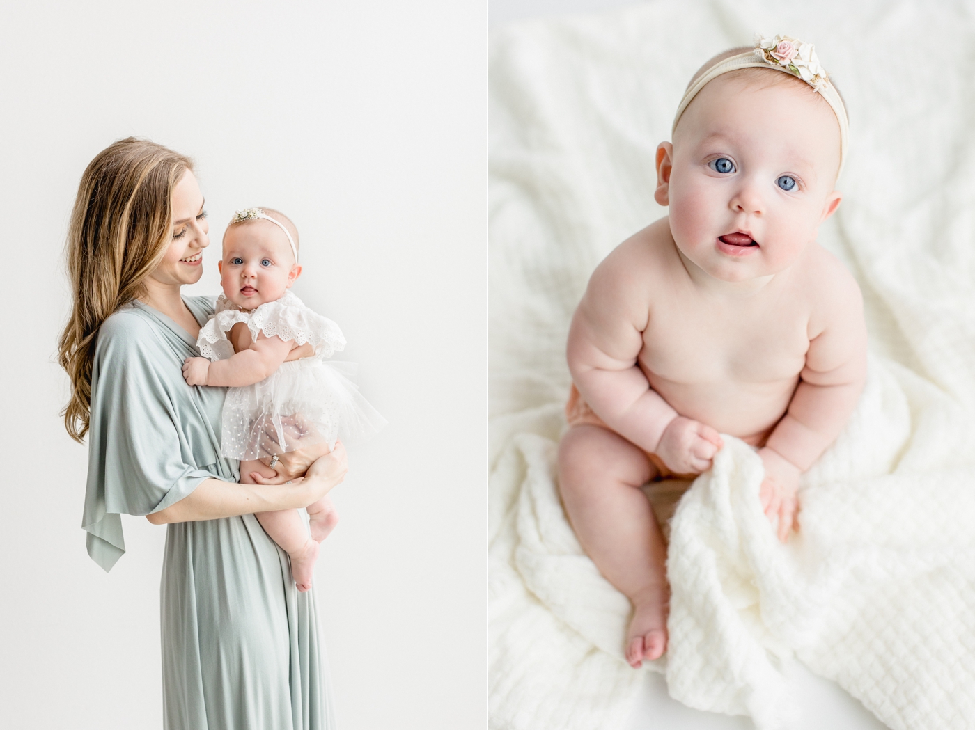 Photos of chunky baby with her Mom during studio milestone session with Sana Ahmed Photography.