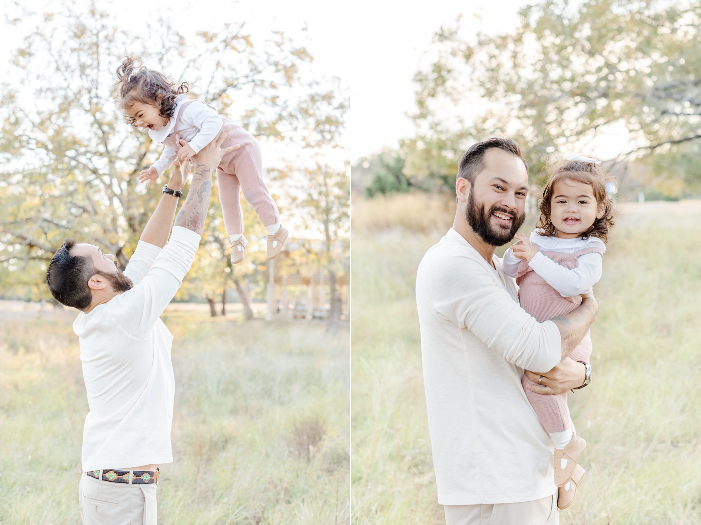 Playful images of Dad and daughter in Austin park during family session with Sana Ahmed Photography.