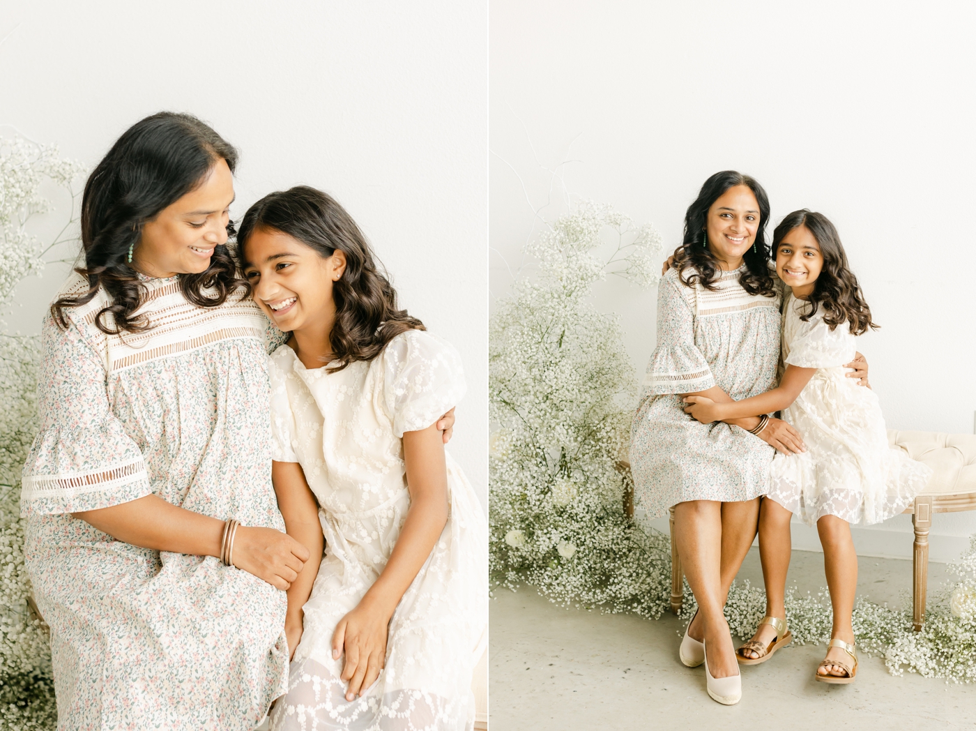 Mother daughter portraits with baby's breath surrounding them. Photo by Sana Ahmed Photography.