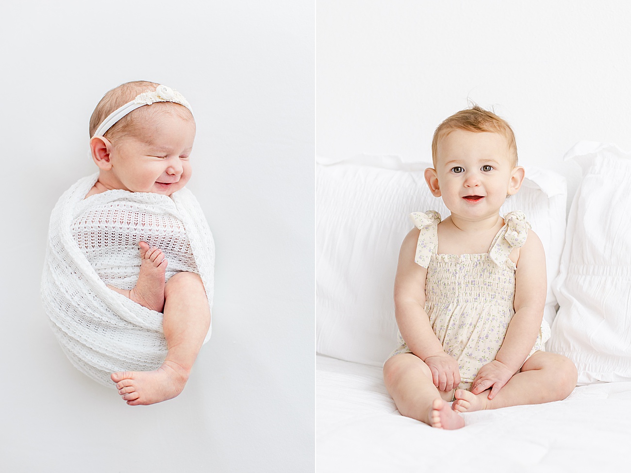Side-by-side images of baby during newborn session and one year milestone session with Austin family photographer, Sana Ahmed Photography.
