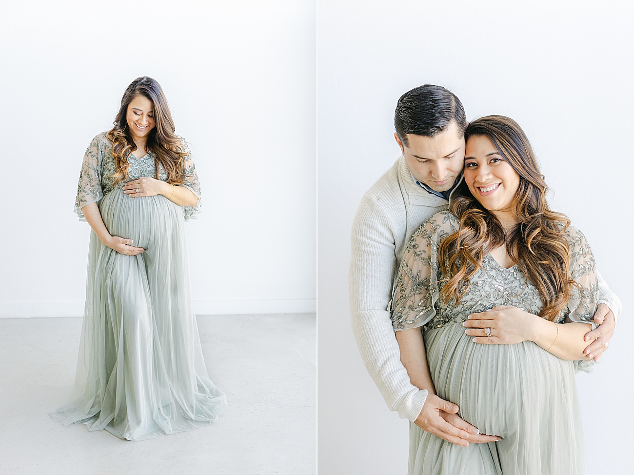 Maternity portraits with Mom in sage tulle maxi dress during session in Austin, TX with Sana Ahmed Photography.