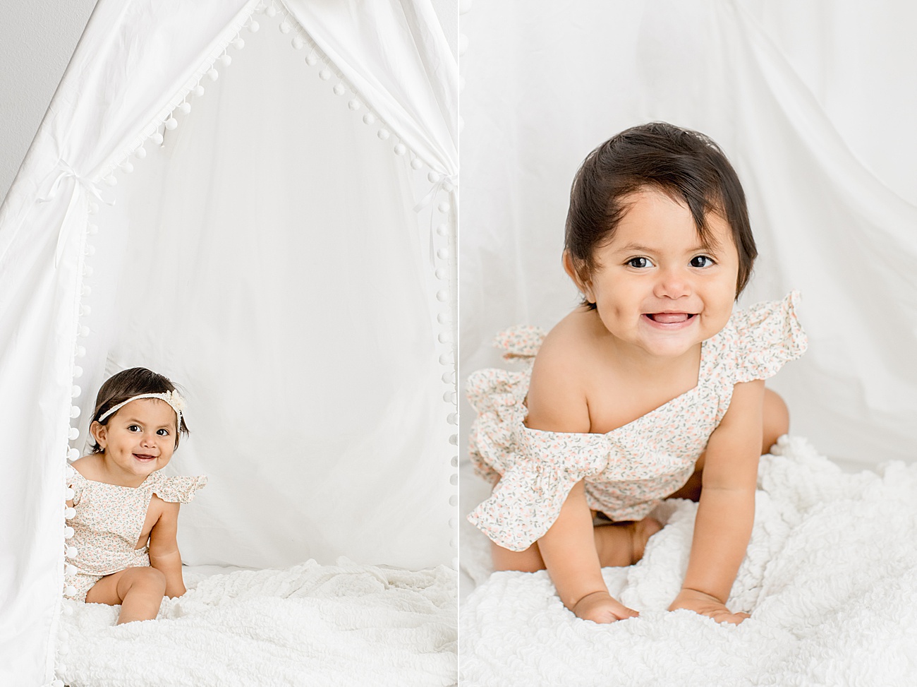Smiling baby girl during one year milestone photos as she peeks outside of the white teepee. Photos by Sana Ahmed Photography.