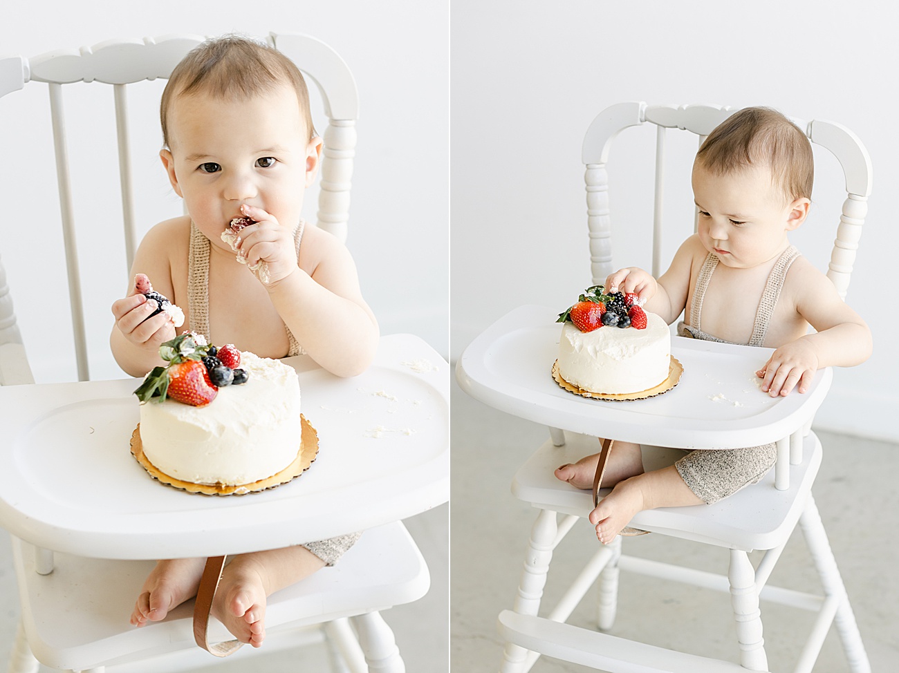 Little boy eating fruit from top of his cake smash cake. Photo by Sana Ahmed Photography.