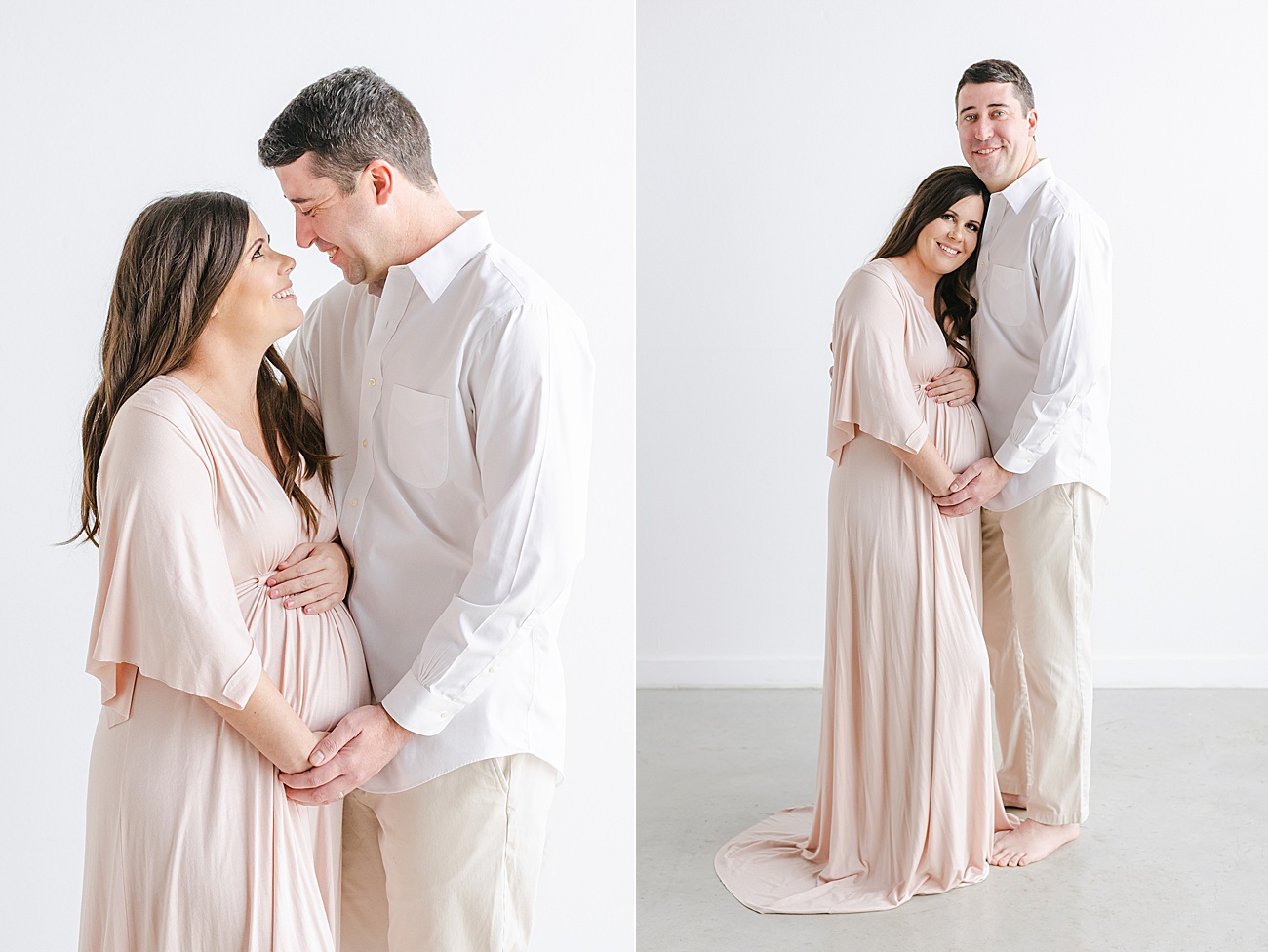 Sweet maternity portraits with Mom and Dad in neutral styling by Sana Ahmed Photography.