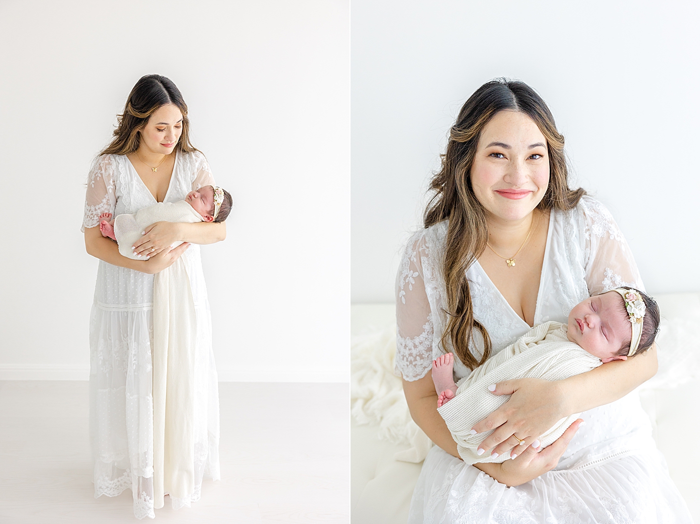 Mom and newborn baby in white during her Austin Studio Newborn Session | Photo by Sana Ahmed Photography