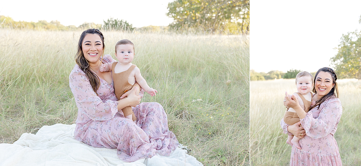 Mom in pink dress sitting with her baby boy in the grass | Image by Sana Ahmed Photography