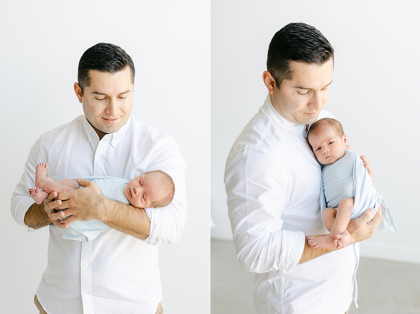 Dad in a white shirt holding his newborn baby boy | Image by Sana Ahmed Photography 