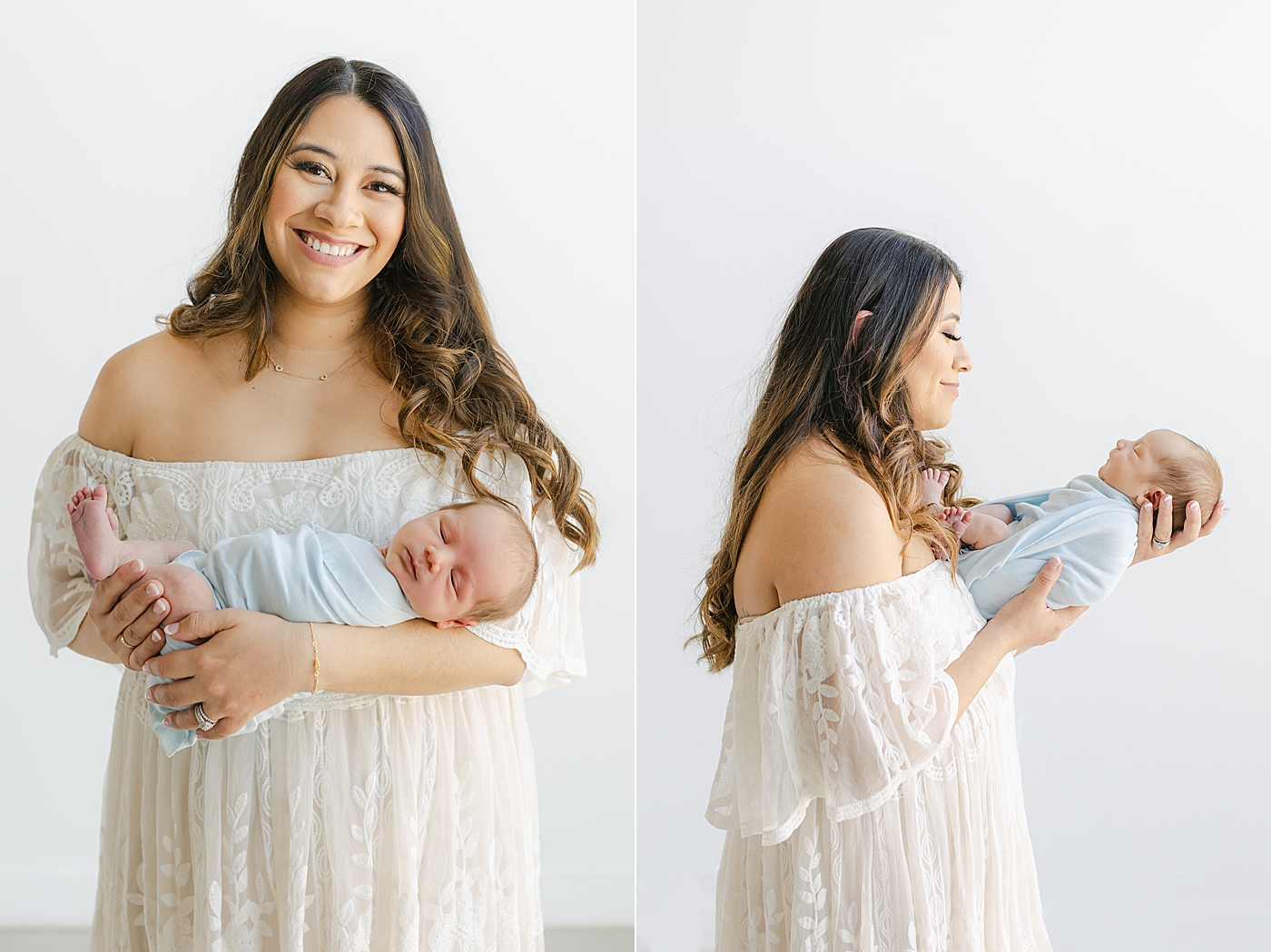 Mom in a lace dress smiling while holding her new baby | Image by Sana Ahmed Photography 