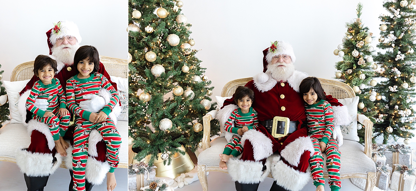 Kids in pajamas sitting on a couch with Santa | Image by Sana Ahmed Photography