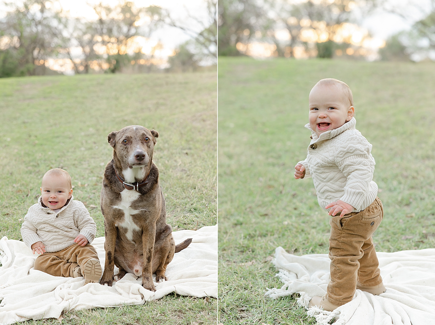 Baby boy sitting on a blanket with his dog during their Spring Family Sessions in Austin | Image by Sana Ahmed Photography