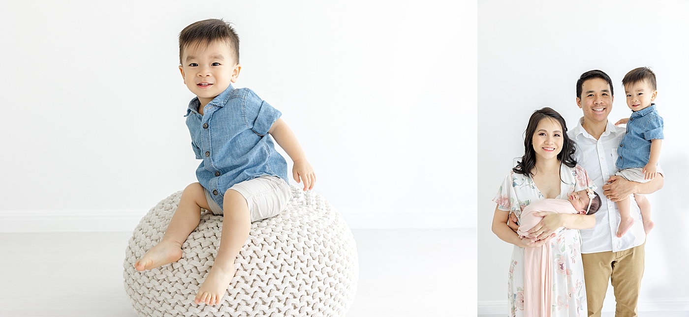 Little boy sitting on a poof during her Newborn sessions with siblings | Image by Sana Ahmed